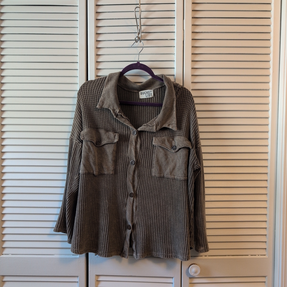 BUCKETLIST Brown Waffle-Knit Button-Up Sweatshirt 100% Cotton - Picture 2 of 4